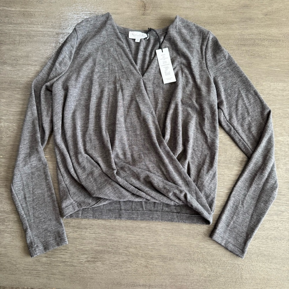 Michael Stars NWT Grey Long Sleeve Twist Wrap Shirt Blouse XS - Picture 3 of 13